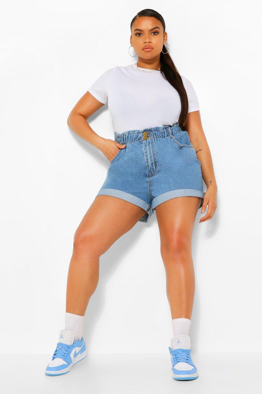 Women's Plus Denim Paperbag High Waist Shorts | Boohoo UK